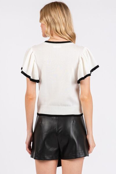 Mittoshop contrast trim ruffled cap sleeve knit top.