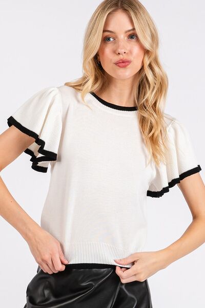 Mittoshop contrast trim ruffled cap sleeve knit top.