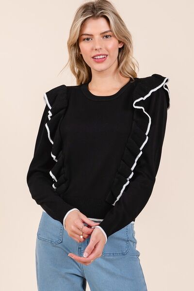 Mittoshop contrast trim ruffled round neck knit top.