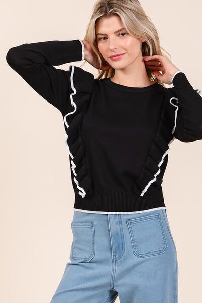 Mittoshop contrast trim ruffled round neck knit top.