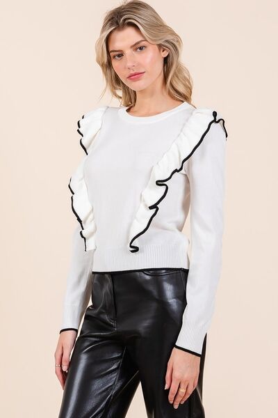 Mittoshop contrast trim ruffled round neck knit top.