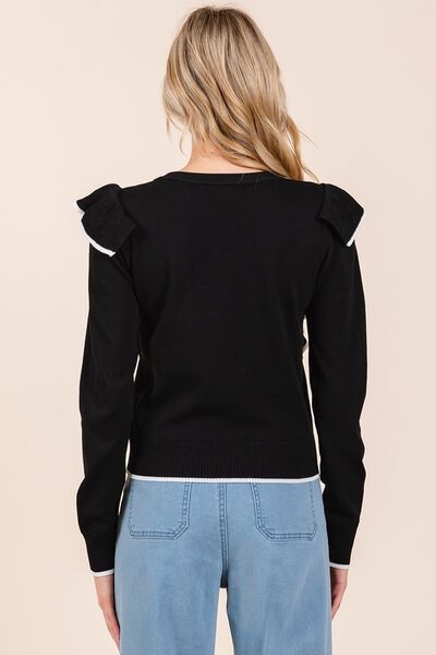 Mittoshop contrast trim ruffled round neck knit top.