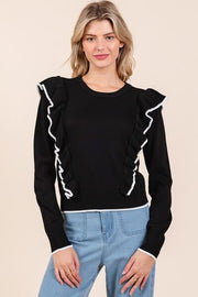 Mittoshop contrast trim ruffled round neck knit top.