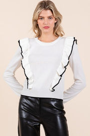Mittoshop contrast trim ruffled round neck knit top.