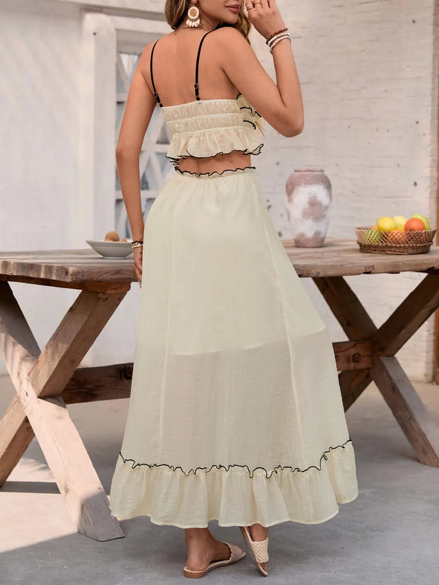 Contrast Trim Scoop Neck Cami and Skirt Set with Tied, Ruffled, and Smocked Details.