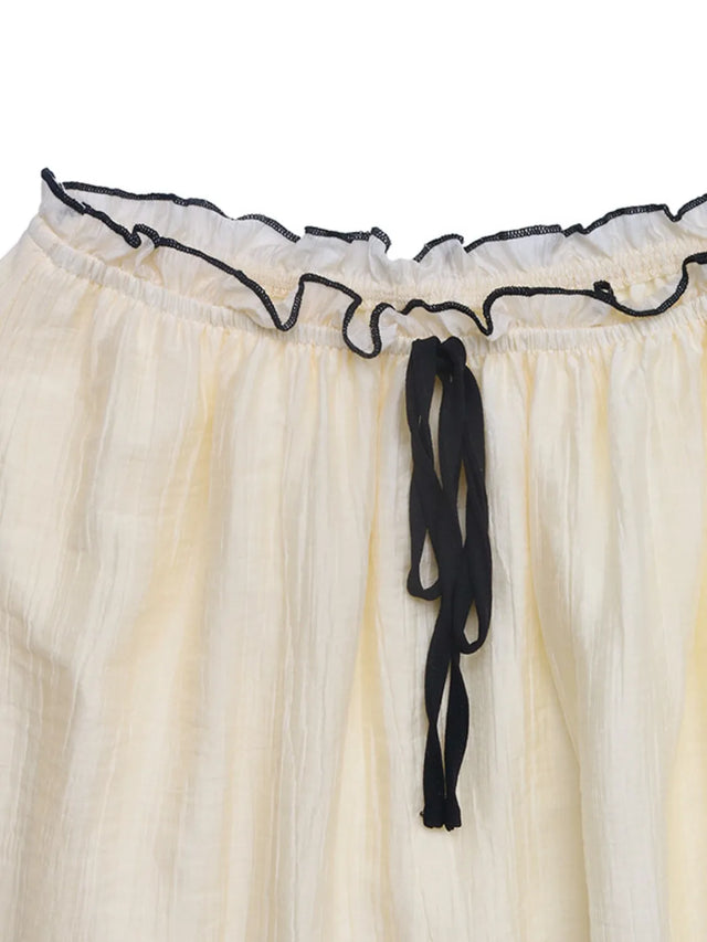 Contrast Trim Scoop Neck Cami and Skirt Set with Tied, Ruffled, and Smocked Details.