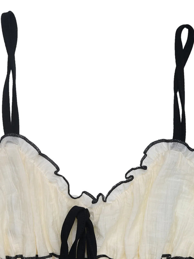 Contrast Trim Scoop Neck Cami and Skirt Set with Tied, Ruffled, and Smocked Details.