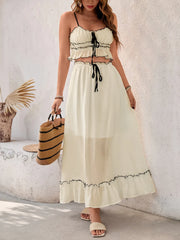 Contrast Trim Scoop Neck Cami and Skirt Set with Tied, Ruffled, and Smocked Details.
