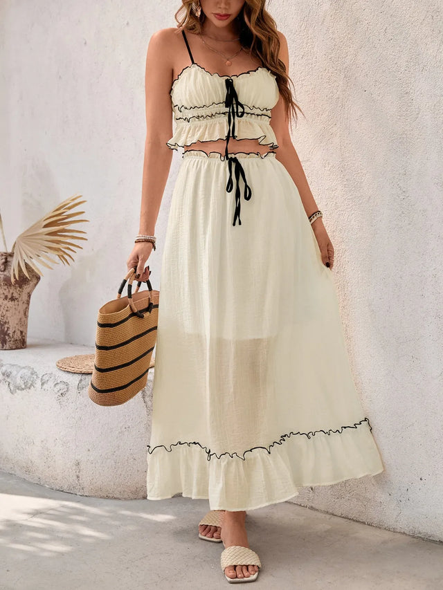 Contrast Trim Scoop Neck Cami and Skirt Set with Tied, Ruffled, and Smocked Details.