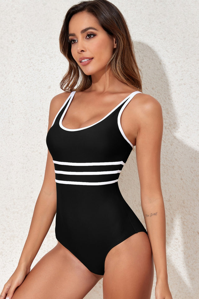 Contrast Trim Scoop Neck One-Piece Swimwear.
