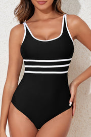 Contrast Trim Scoop Neck One-Piece Swimwear.