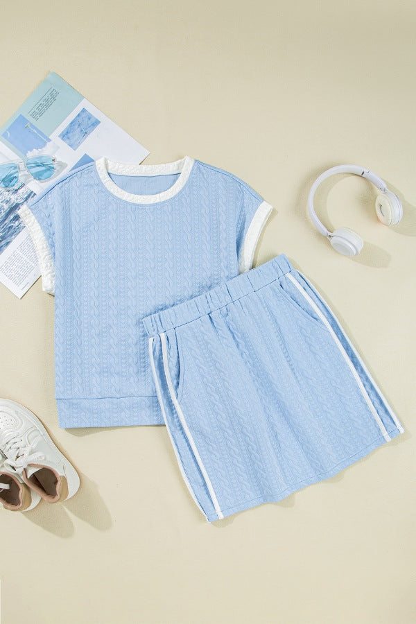 Contrast Trim Textured Crewneck Tee and Pocketed Skirt Set.
