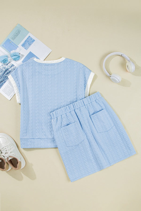 Contrast Trim Textured Crewneck Tee and Pocketed Skirt Set.