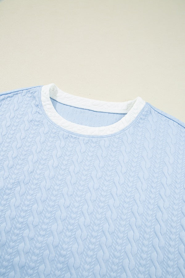 Contrast Trim Textured Crewneck Tee and Pocketed Skirt Set.