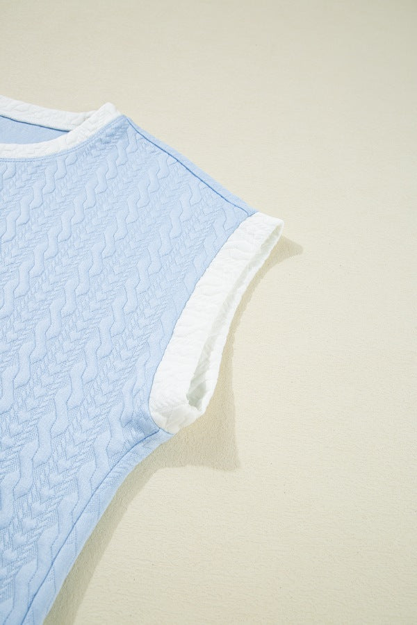 Contrast Trim Textured Crewneck Tee and Pocketed Skirt Set.