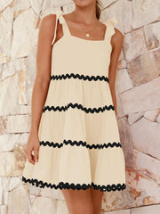 Contrast Trim Tie Shoulder Dress with Ruched and Smocked Details.