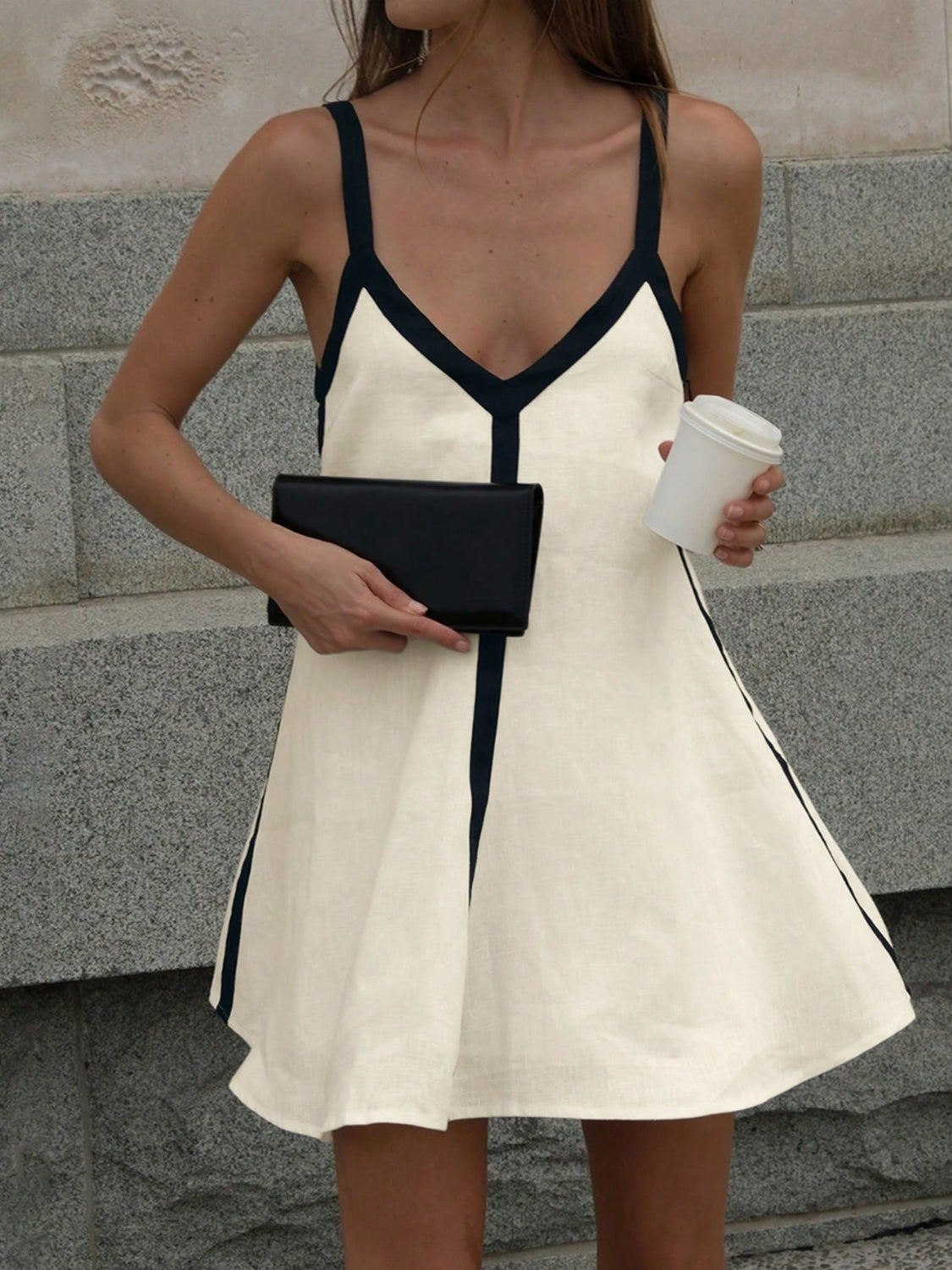 Contrast Trim V-Neck Mini Cami Dress.