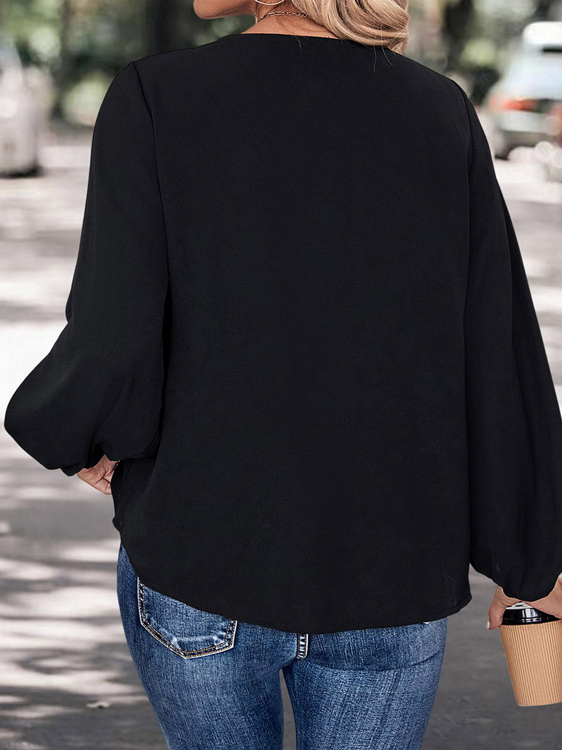 Perfee contrast V-neck long sleeve blouse.