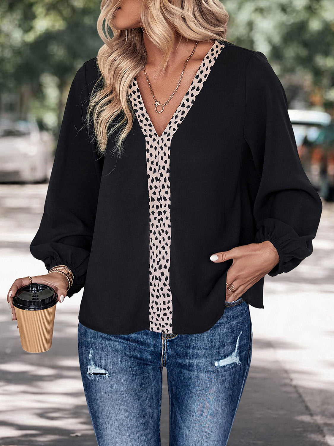 Perfee contrast V-neck long sleeve blouse.