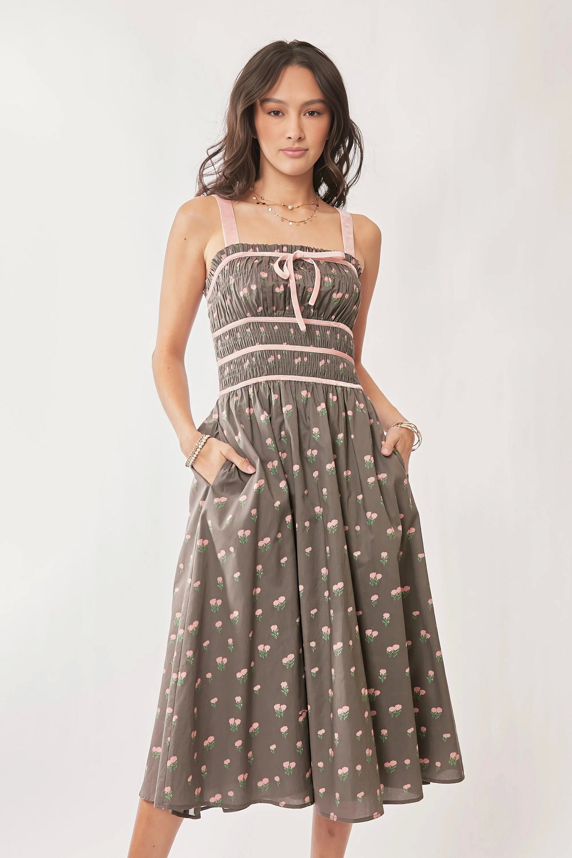 Davi Dani Contrast Velvet Tape Smocking Bodice Midi Dress.