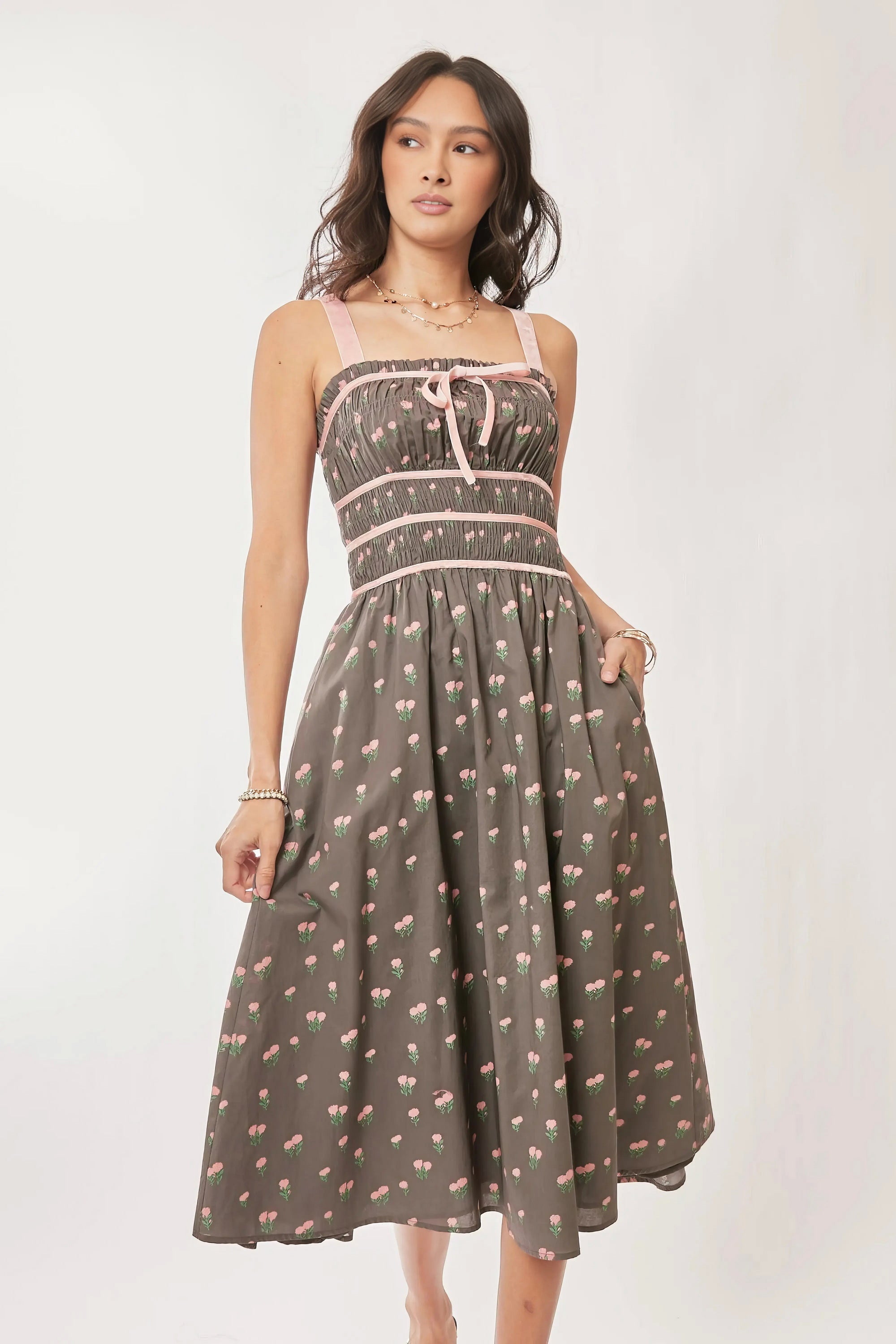 Davi Dani Contrast Velvet Tape Smocking Bodice Midi Dress.