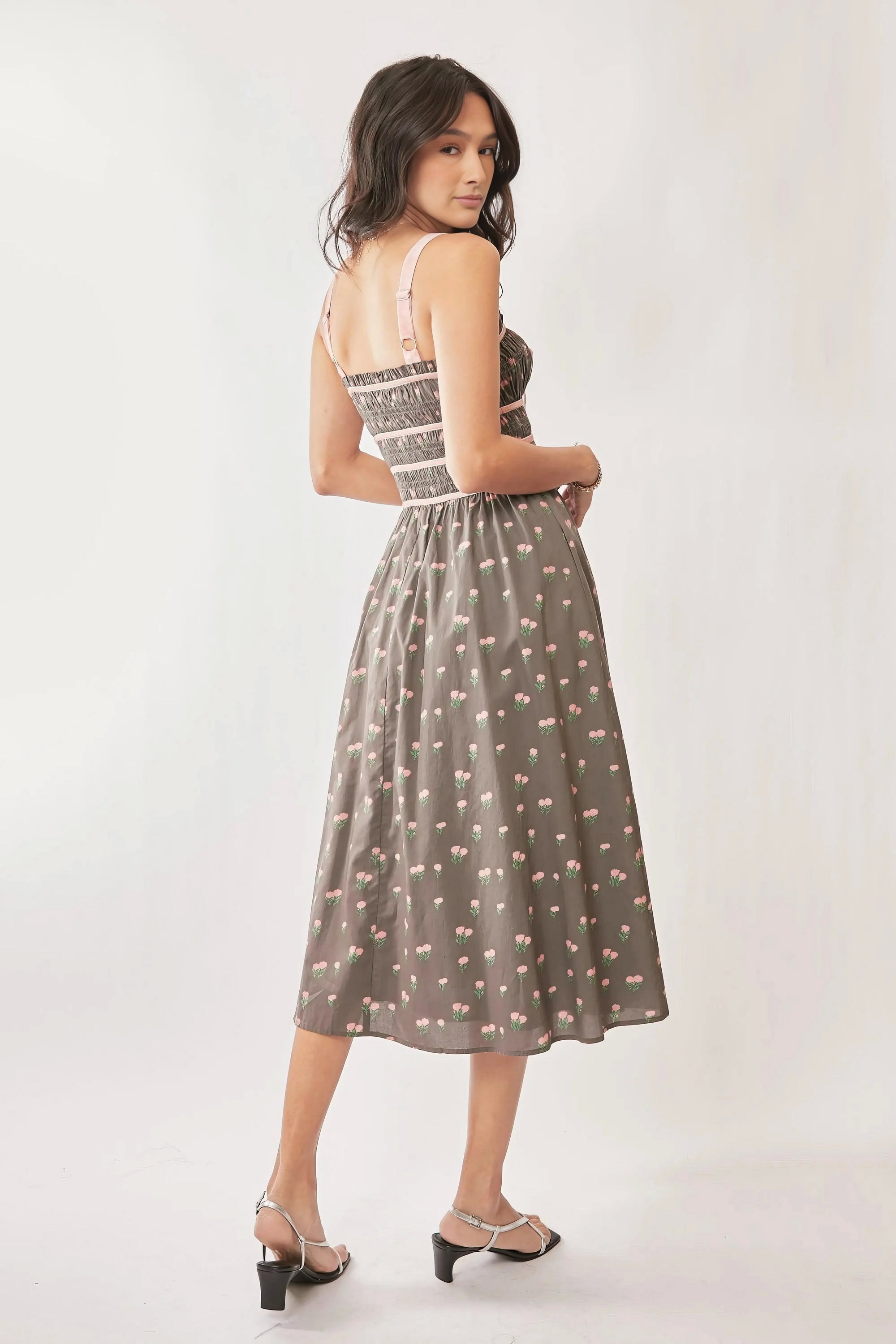 Davi Dani Contrast Velvet Tape Smocking Bodice Midi Dress.