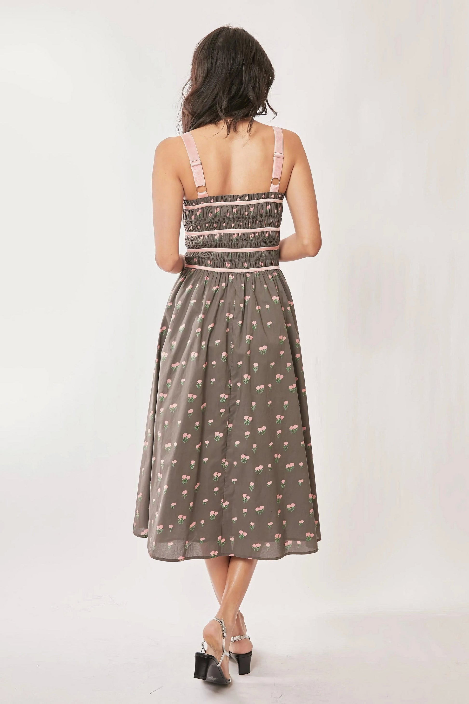 Davi Dani Contrast Velvet Tape Smocking Bodice Midi Dress.