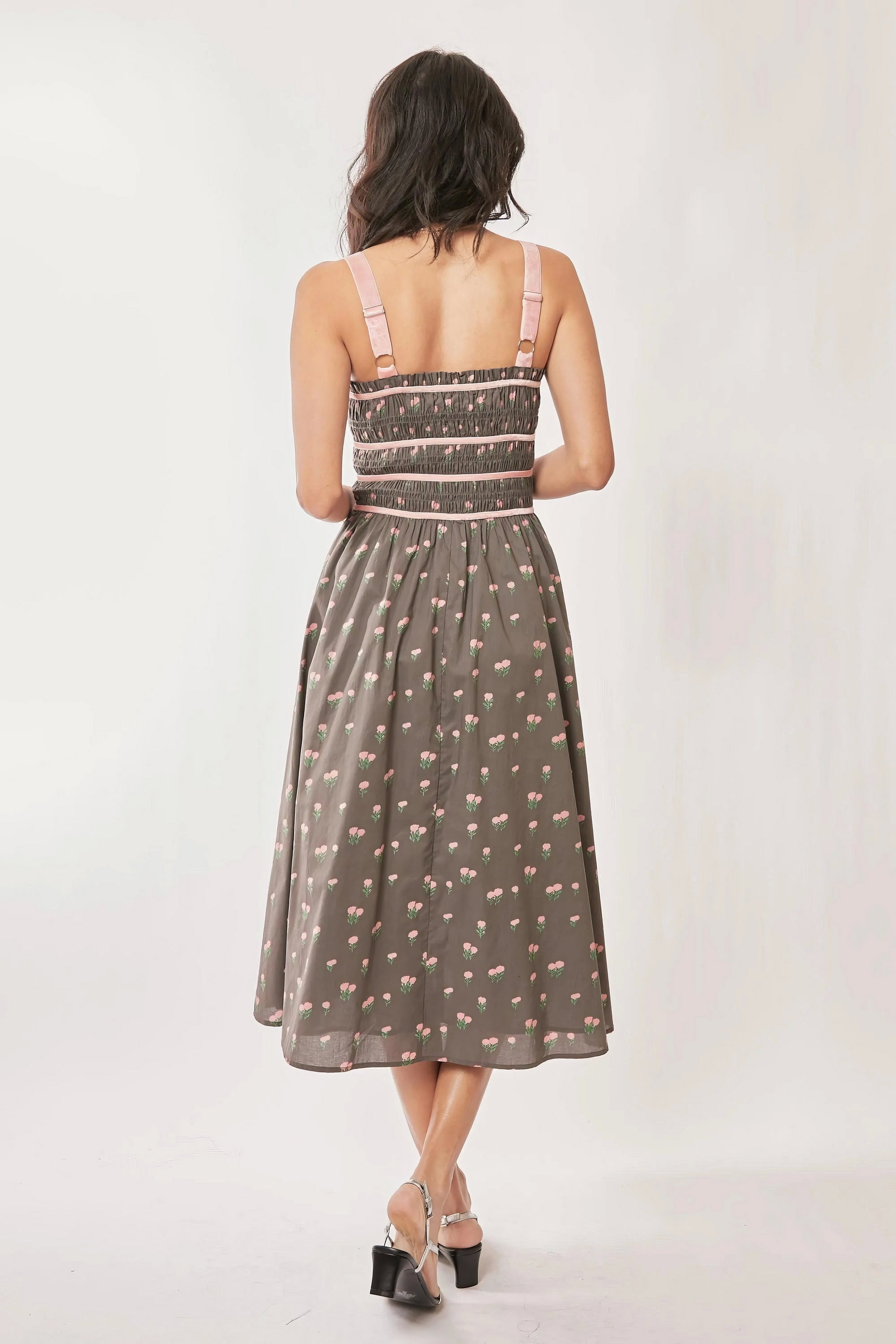 Davi Dani Contrast Velvet Tape Smocking Bodice Midi Dress.