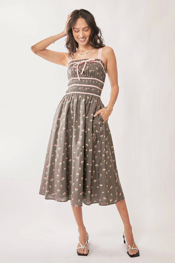 Davi Dani Contrast Velvet Tape Smocking Bodice Midi Dress.