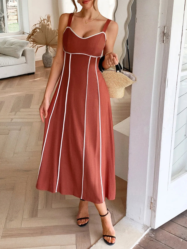 Contrast Wide Strap Midi Cami Dress with Zipper.