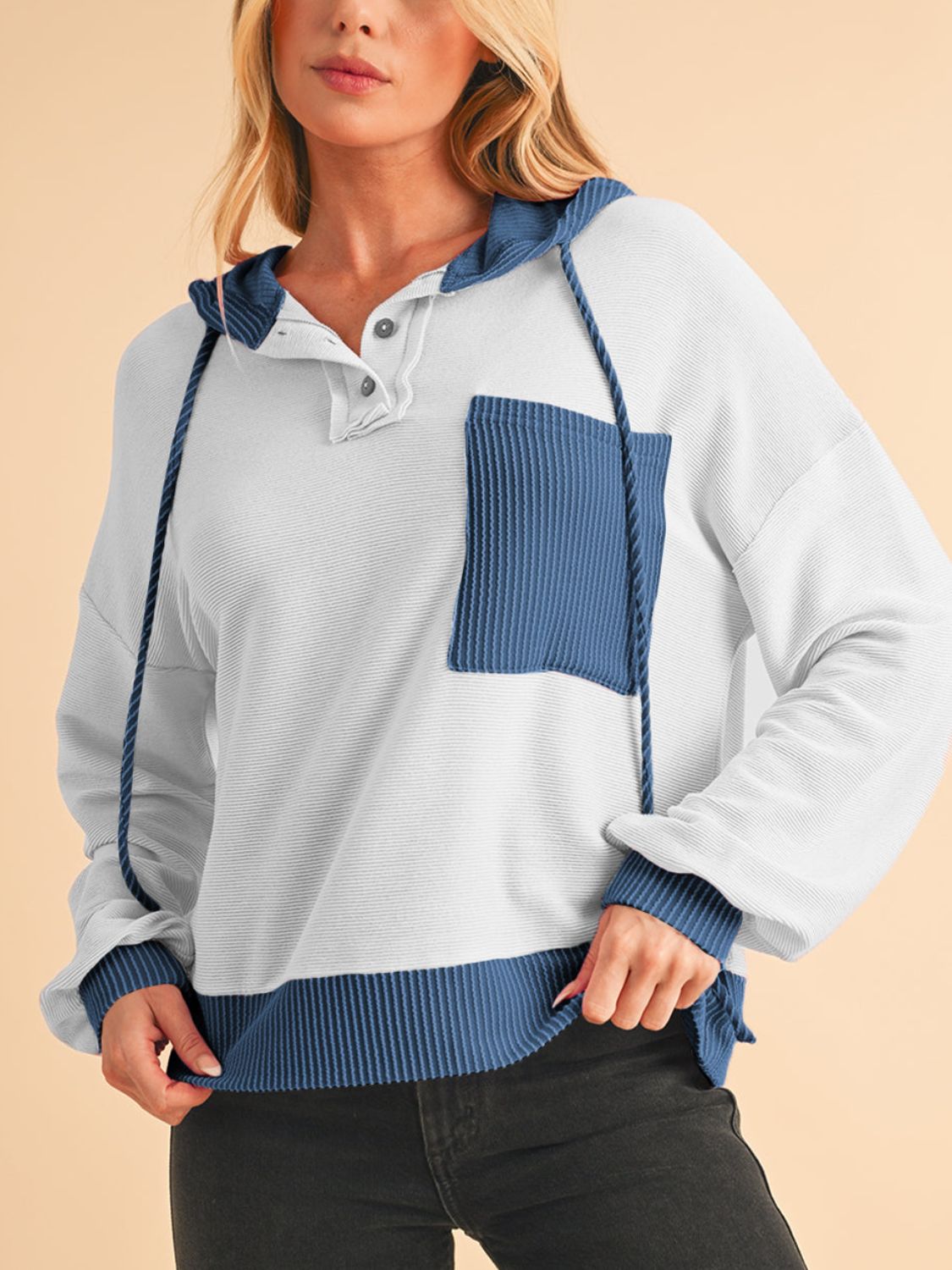 Corded color block drawstring hoodie with pockets.