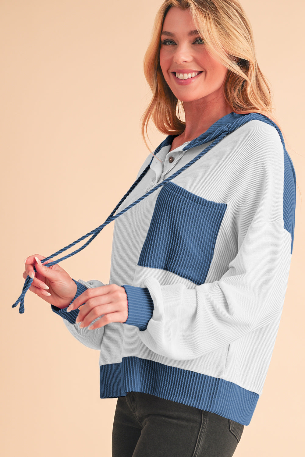 Corded color block drawstring hoodie with pockets.