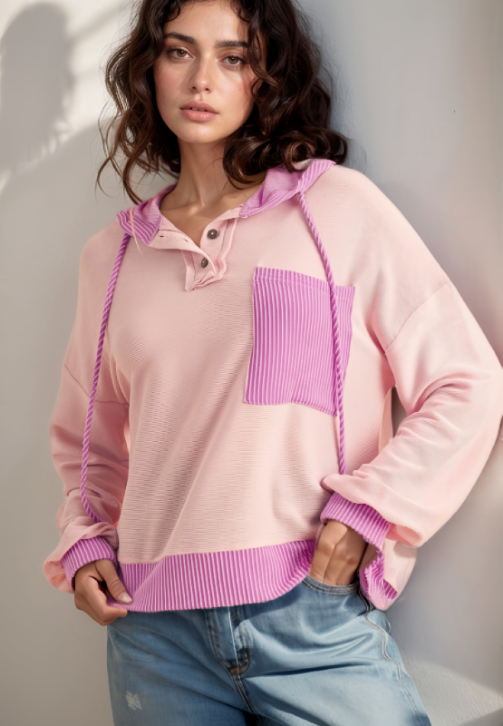 Corded color block drawstring hoodie with pockets.