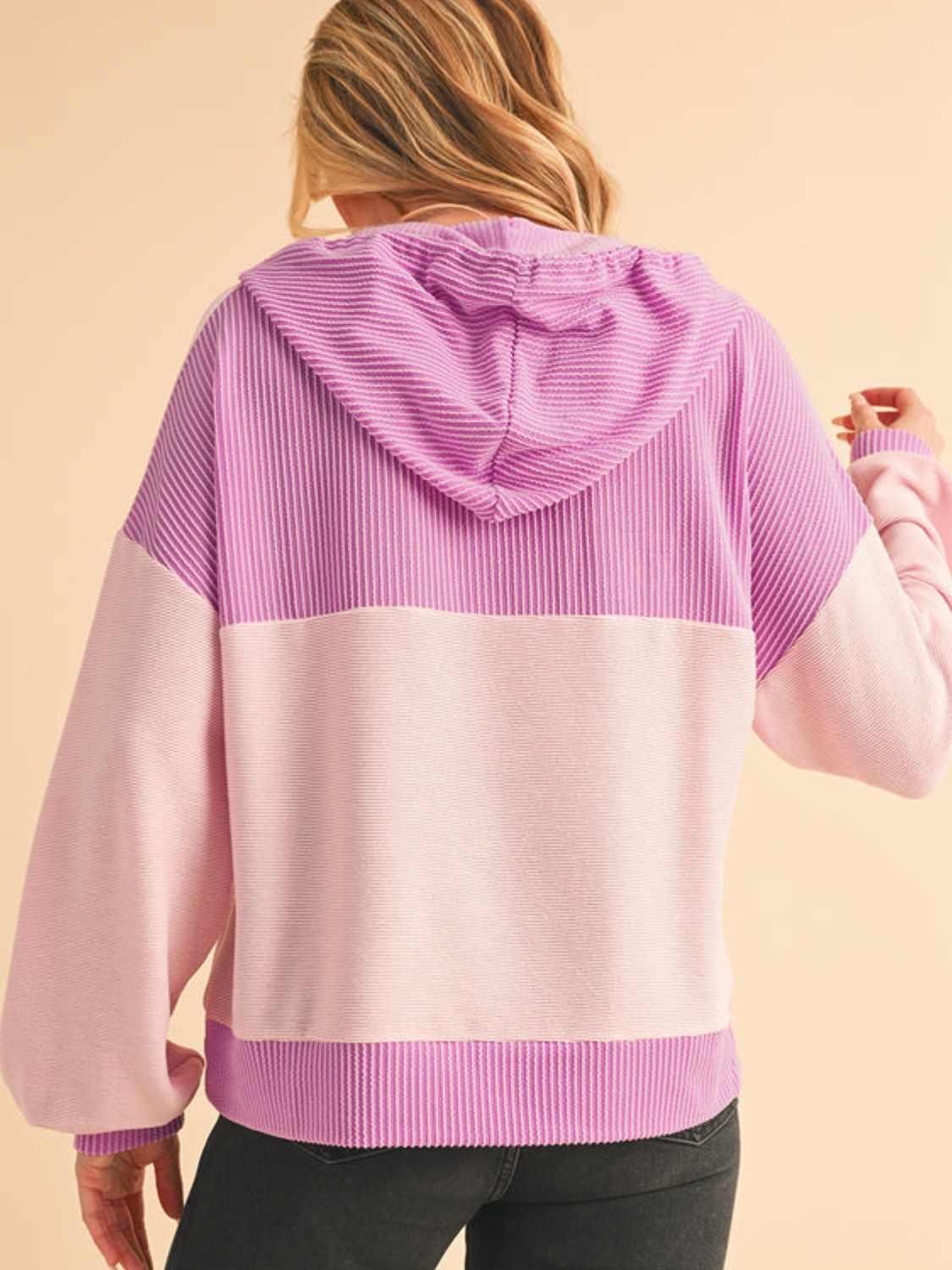 Corded color block drawstring hoodie with pockets.