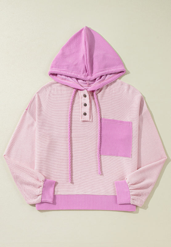 Corded color block drawstring hoodie with pockets.