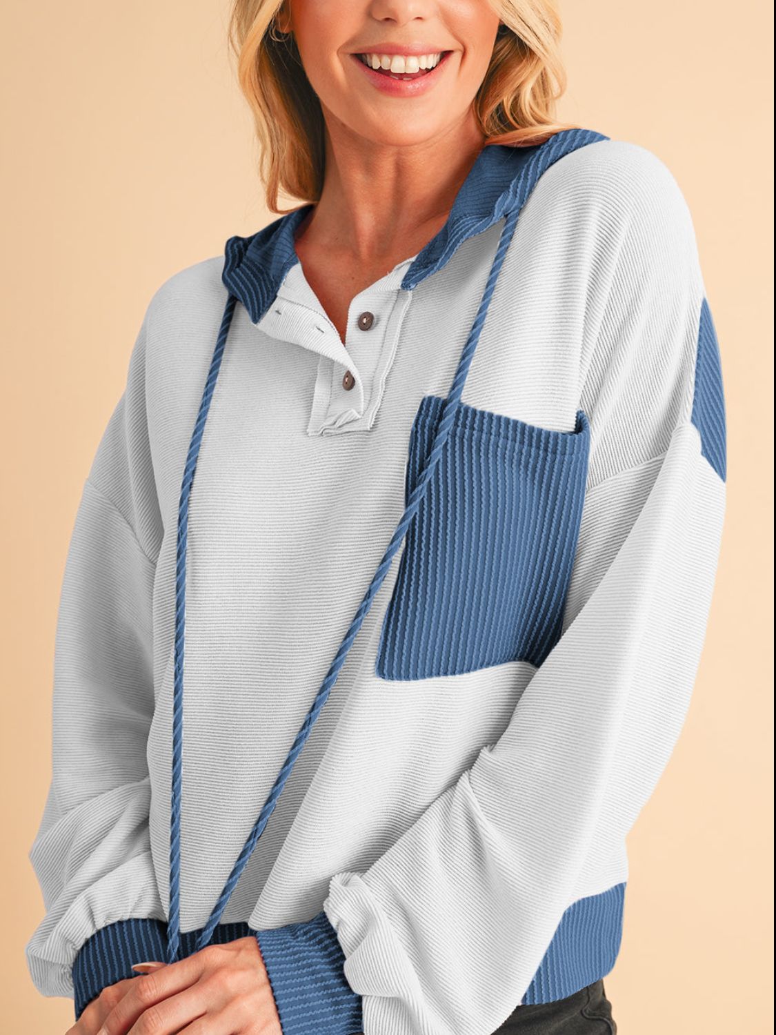 Corded color block drawstring hoodie with pockets.