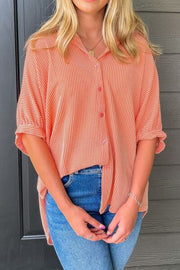Corded half sleeve button-up high-low shirt.