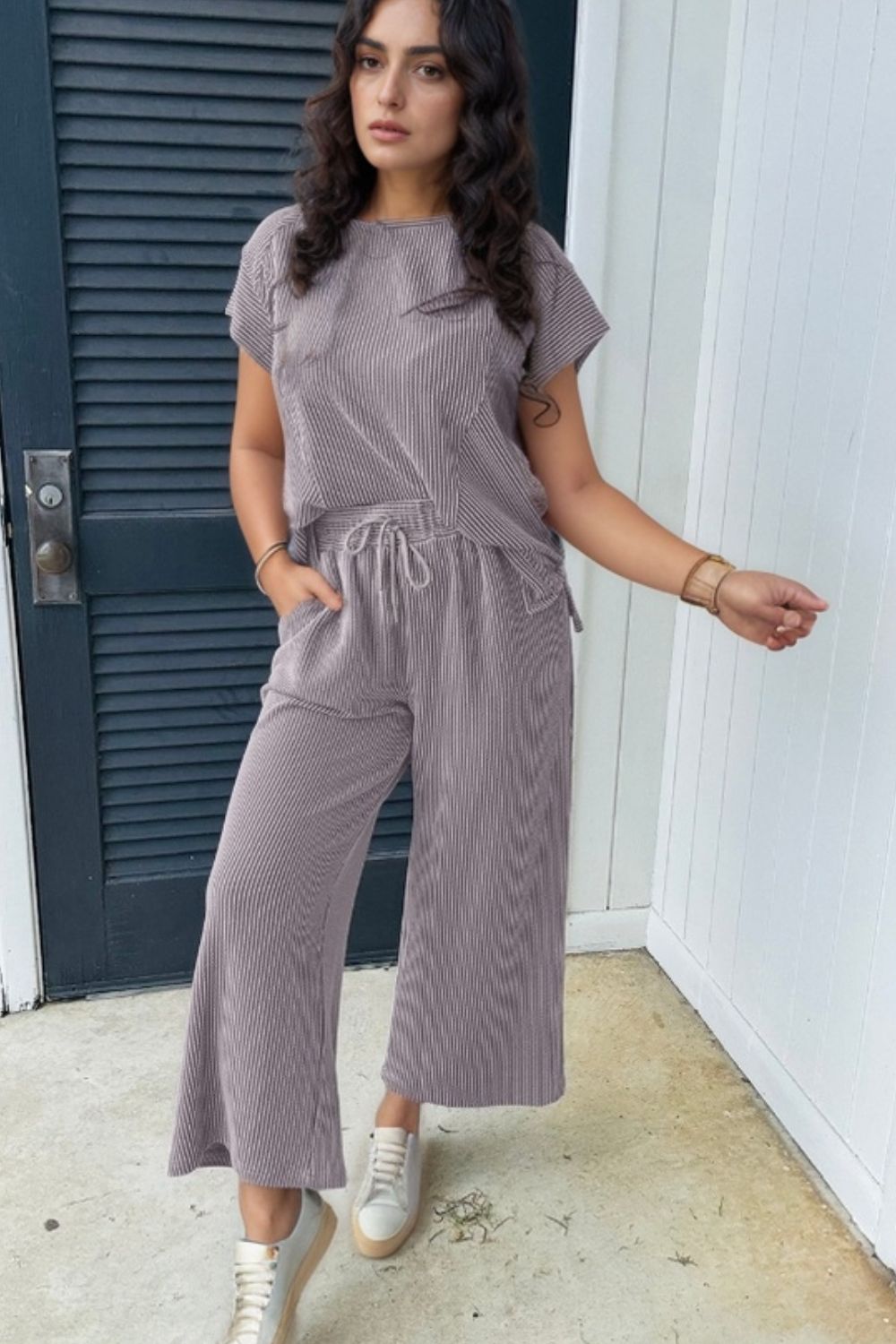 Corded Knit Short Sleeve T-Shirt and Wide Leg Pants Set.