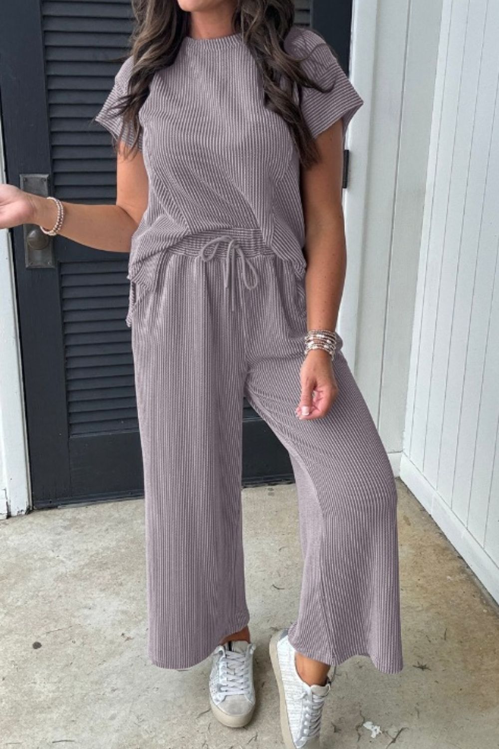 Corded Knit Short Sleeve T-Shirt and Wide Leg Pants Set.
