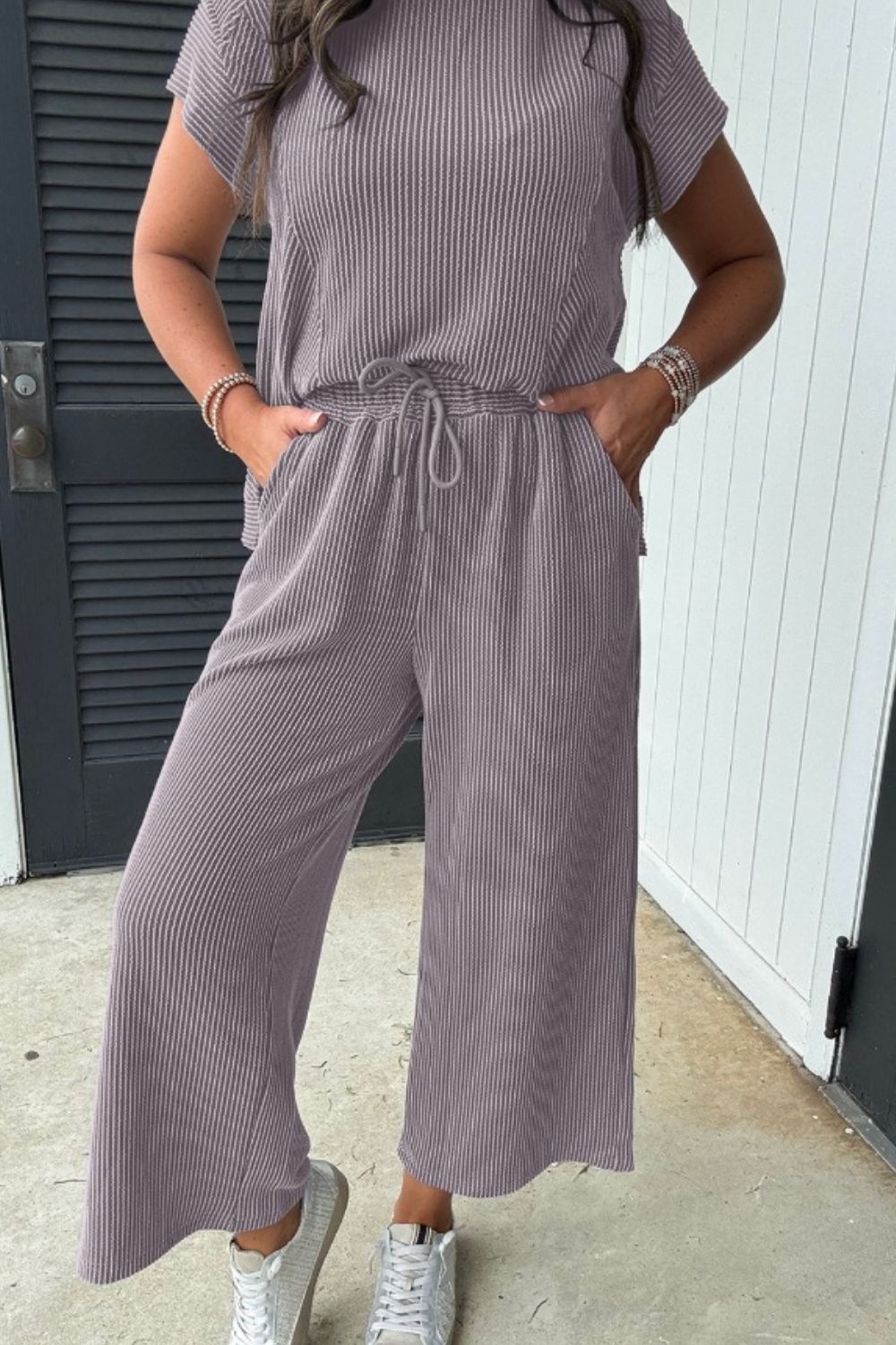 Corded Knit Short Sleeve T-Shirt and Wide Leg Pants Set.