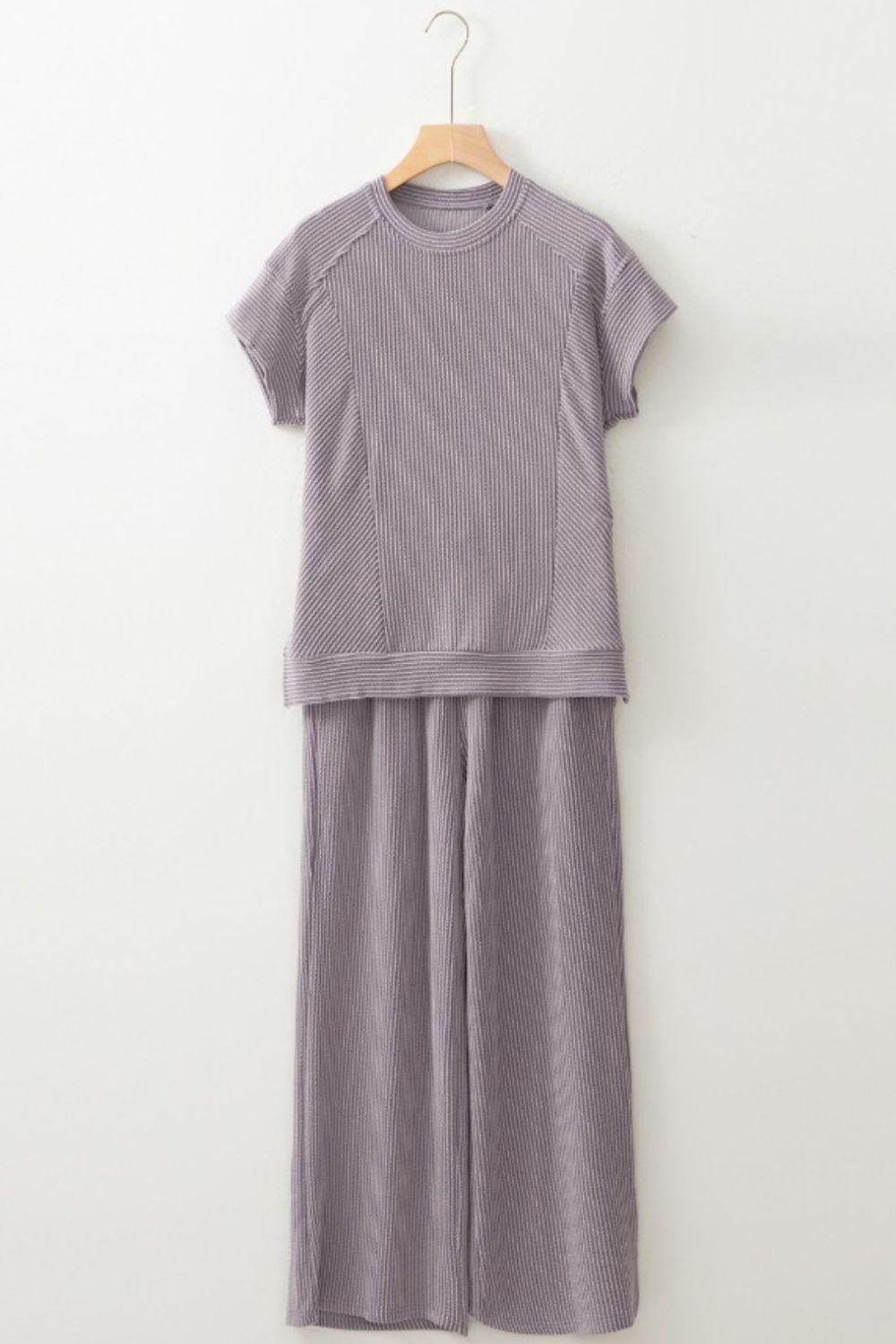 Corded Knit Short Sleeve T-Shirt and Wide Leg Pants Set.