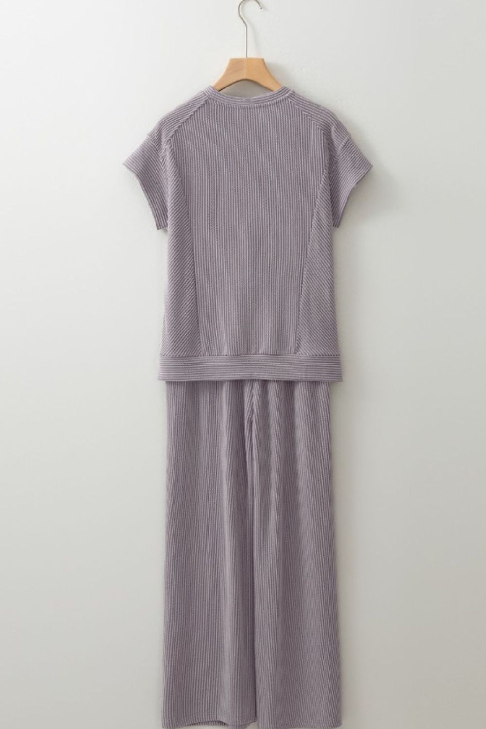 Corded Knit Short Sleeve T-Shirt and Wide Leg Pants Set.