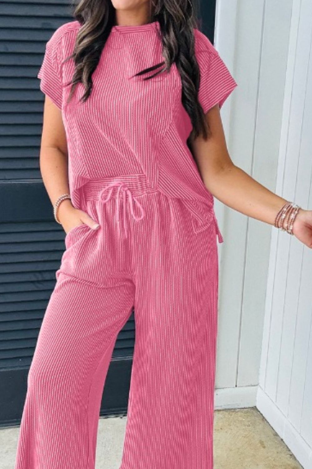 Corded Knit Short Sleeve T-Shirt and Wide Leg Pants Set.