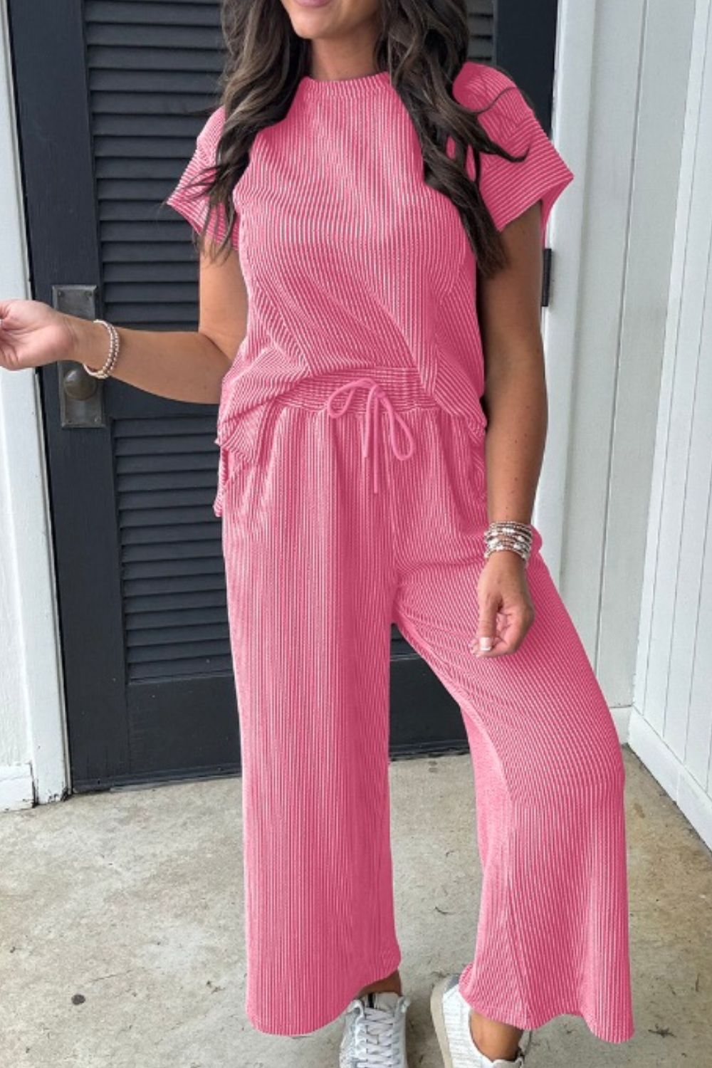 Corded Knit Short Sleeve T-Shirt and Wide Leg Pants Set.