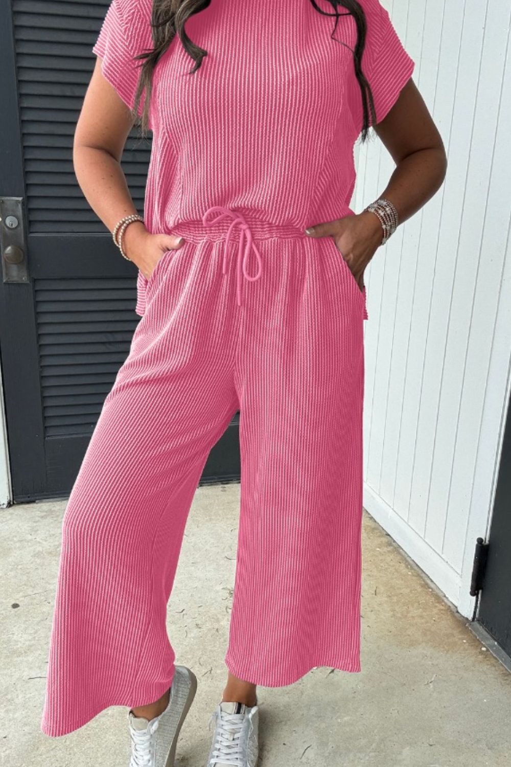 Corded Knit Short Sleeve T-Shirt and Wide Leg Pants Set.