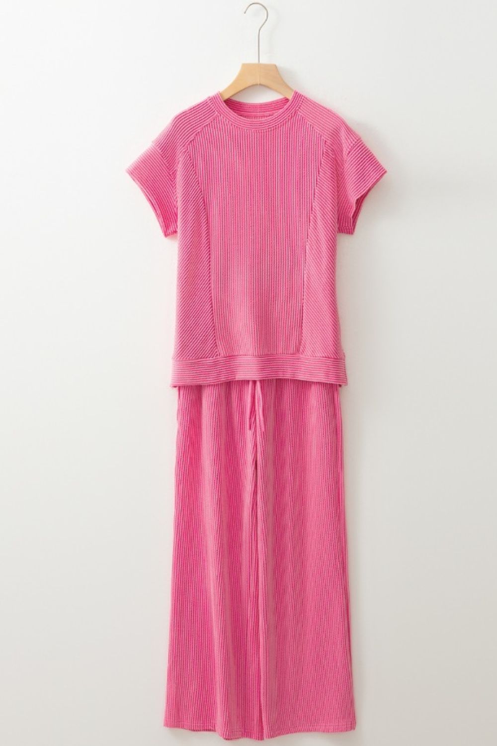 Corded Knit Short Sleeve T-Shirt and Wide Leg Pants Set.