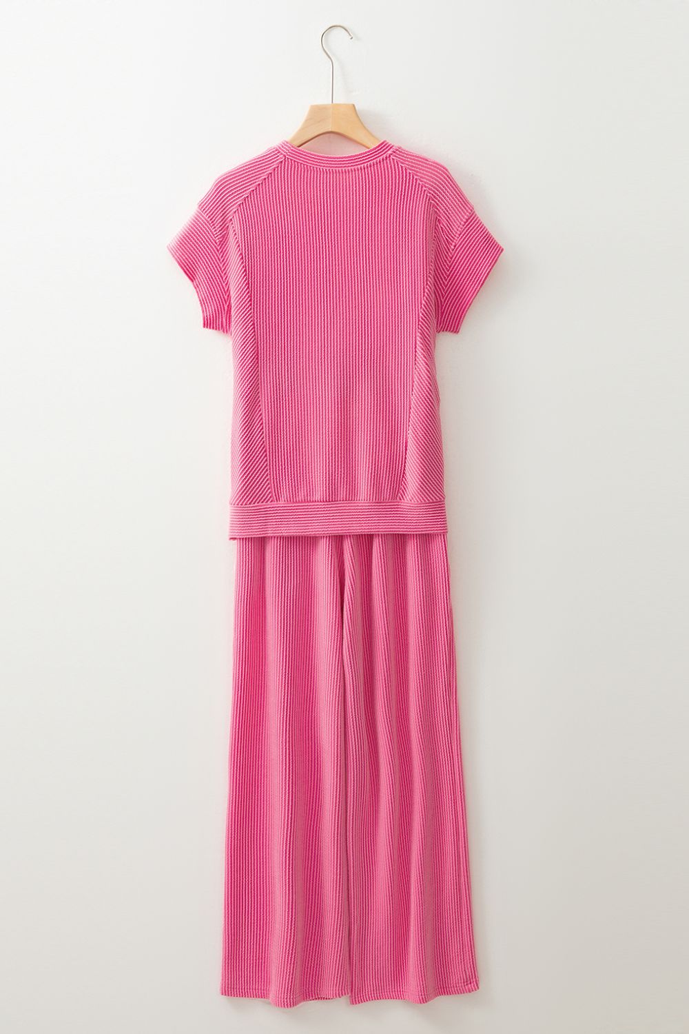 Corded Knit Short Sleeve T-Shirt and Wide Leg Pants Set.
