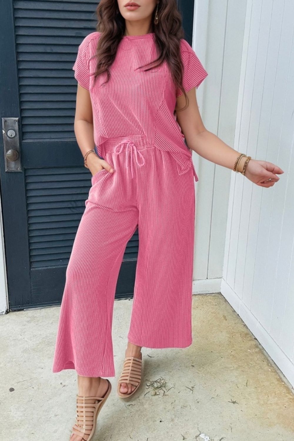 Corded Knit Short Sleeve T-Shirt and Wide Leg Pants Set.