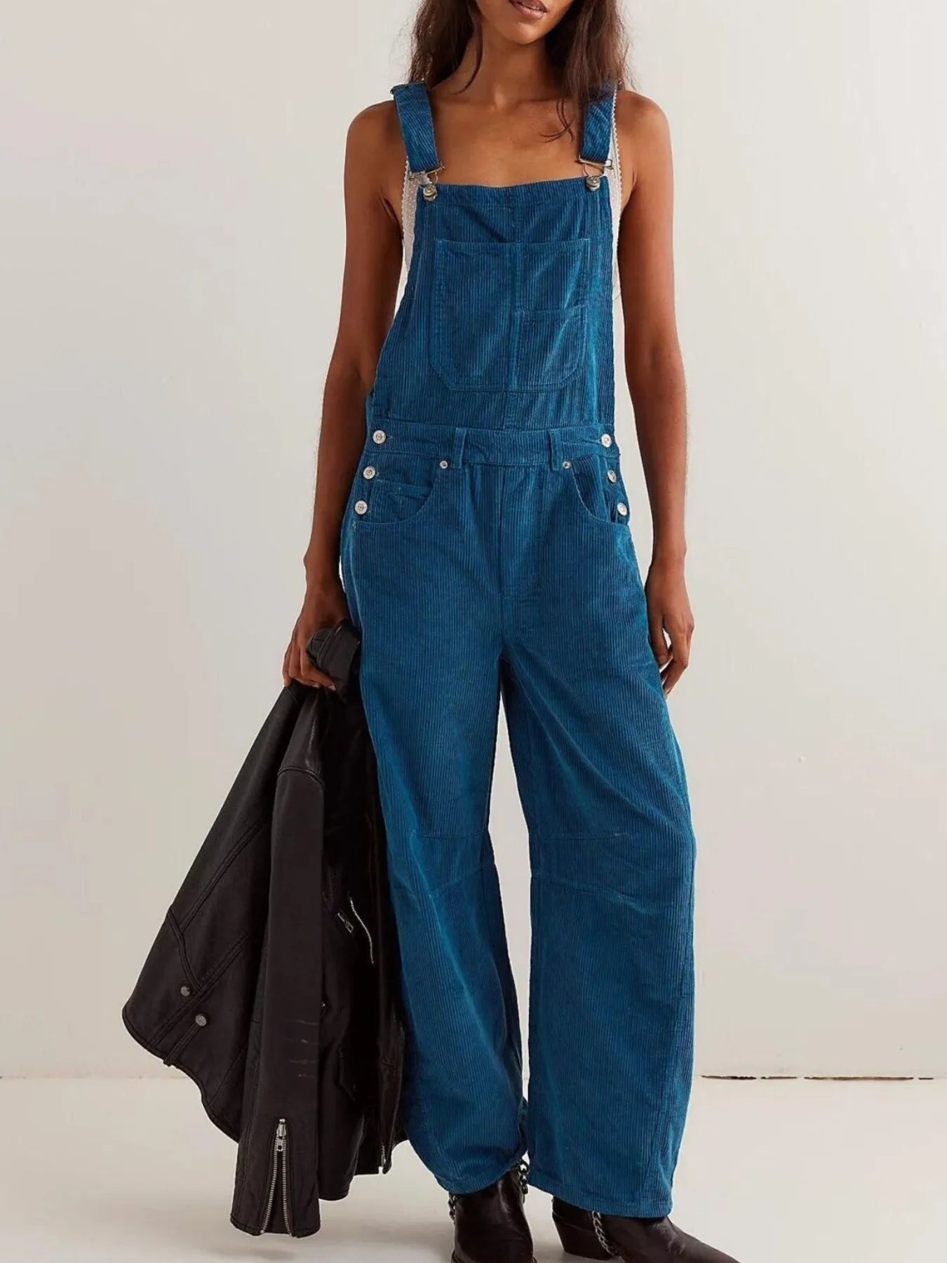 Corduroy Wide-Leg Overall with Adjustable Straps