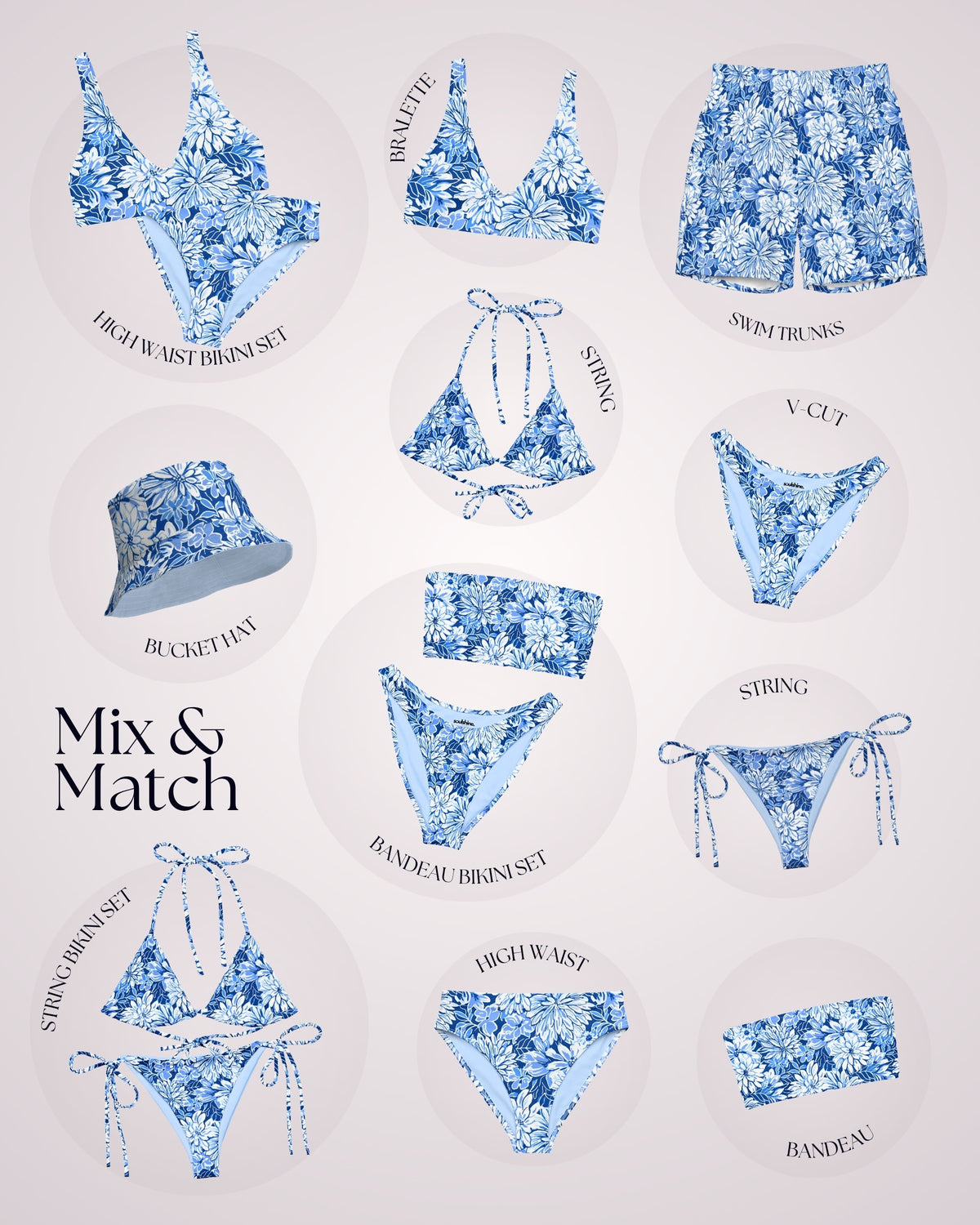 Couples Matching Swimsuits - Blue Floral V